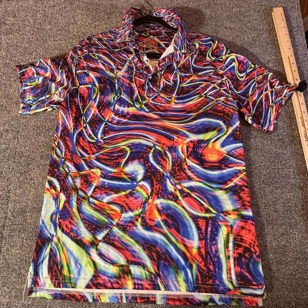Vibrant Multi-Colored SuperTech Fabric Sport Shirt Psychedelic Swirl Polo Medium